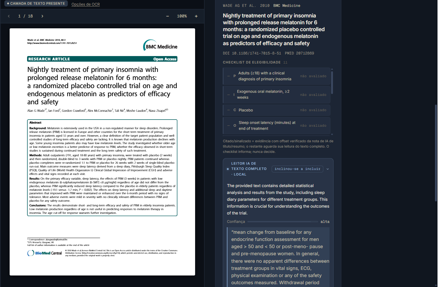Leitor de texto completo do Compendium com a IA local inclinando-se a incluir e apontando o trecho-fonte ao lado da decisão humana